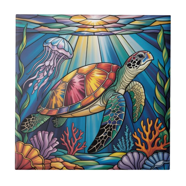 Vibrant Stained Glass Sea Turtle Ocean Design Tile (Front)