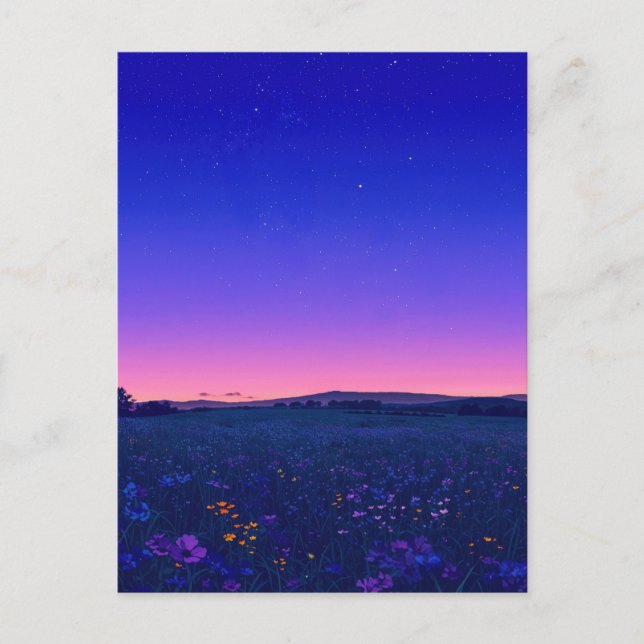 Vibrant Starry Night Wildflower Meadow Postcard (Front)