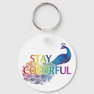 Vibrant "Stay Colourful" Peacock Motivational Key Ring