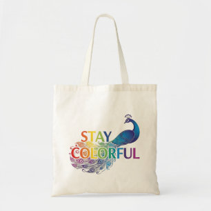 Vibrant "Stay Colourful" Peacock Motivational Tote Bag