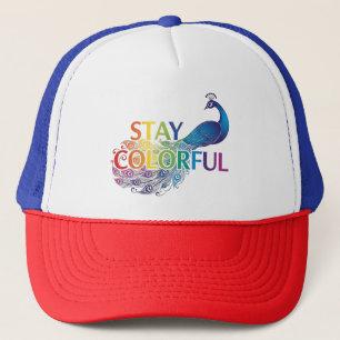 Vibrant "Stay Colourful" Peacock Motivational Trucker Hat