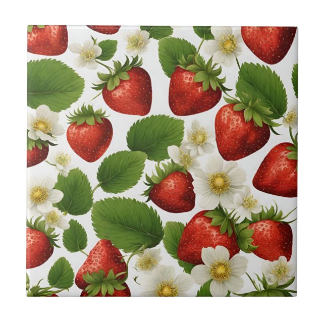 Vibrant Strawberries, Leaves and Flowers  Tile (Front)