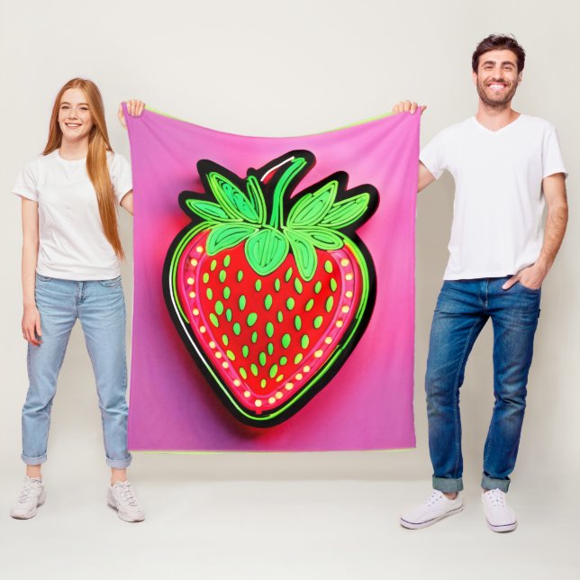 Vibrant Strawberry Neon Sign Fleece Blanket (In Situ)