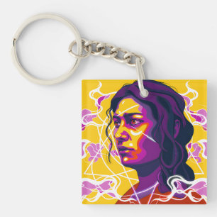 Vibrant Stylized Portrait with Abstract Elements Key Ring