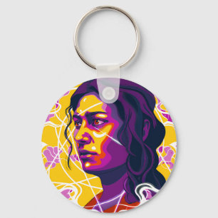 Vibrant Stylized Portrait with Abstract Elements Key Ring