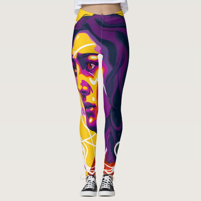 Vibrant Stylized Portrait with Abstract Elements Leggings (Front)