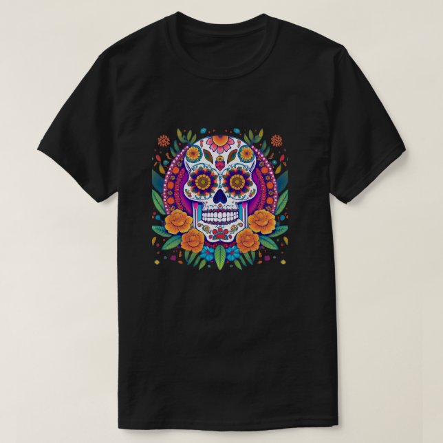 Vibrant Sugar Skull Fiesta - Dia De Los Muertos  T-Shirt (Design Front)