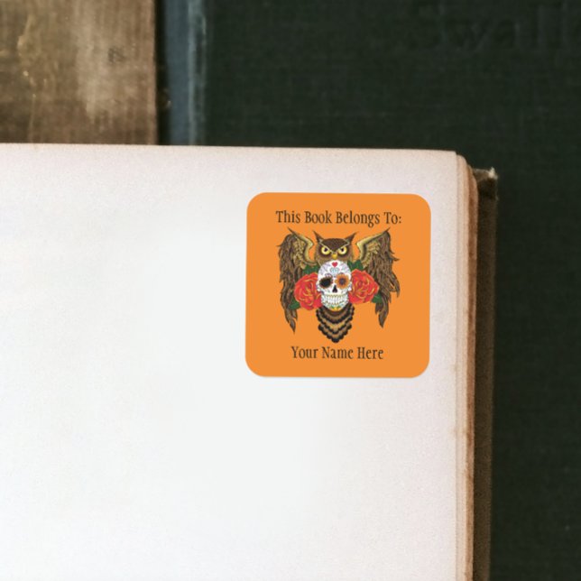 Vibrant Sugar Skull Owl Red Roses Bookplate Square Sticker (Creator Uploaded)