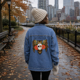 Vibrant Sugar Skull Owl Red Roses Denim Jacket