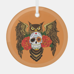 Vibrant Sugar Skull Owl Red Roses Glass Tree Decoration