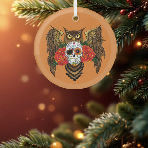Vibrant Sugar Skull Owl Red Roses  Glass Tree Decoration