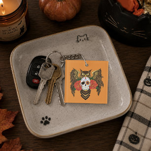 Vibrant Sugar Skull Owl Red Roses Key Ring