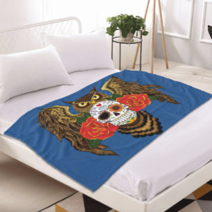 Vibrant Sugar Skull Red Roses Owl Fleece Blanket