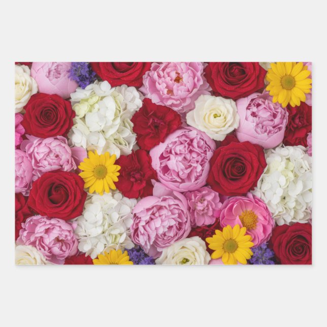 Vibrant Summer Floral Bouquet Wrapping Paper Sheet (Front)