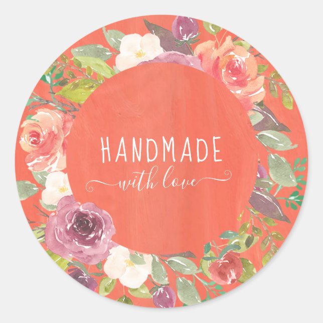 vibrant summer floral handmade with love classic round sticker (Front)