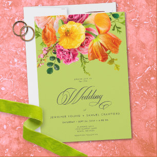 Vibrant Summer Floral Lime Orange Pink Wedding Invitation