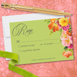 Vibrant Summer Floral Lime Orange Pink Wedding RSVP Card