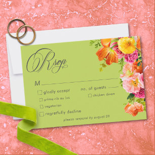 Vibrant Summer Floral Lime Orange Pink Wedding RSVP Card