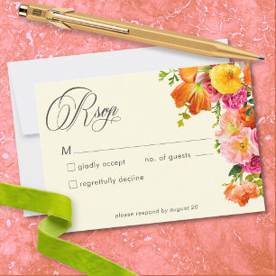Vibrant Summer Floral Yellow Orange Pink Wedding RSVP Card