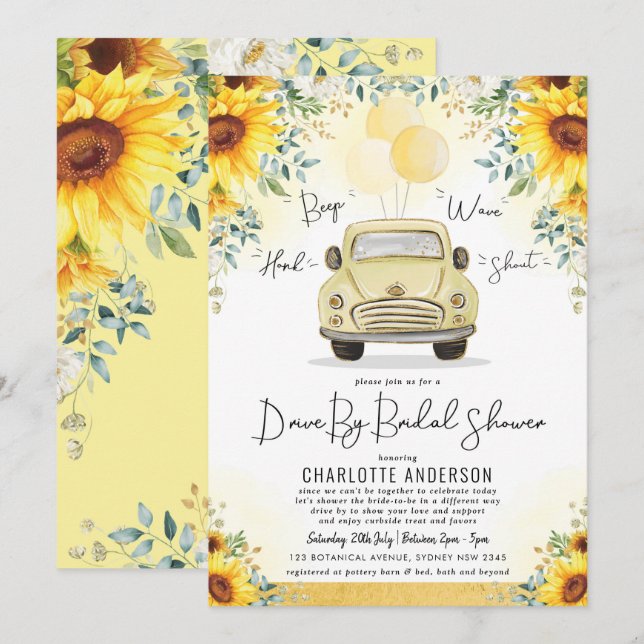 Vibrant Summer Sunflower Drive By Bridal Shower Invitation (Front/Back)
