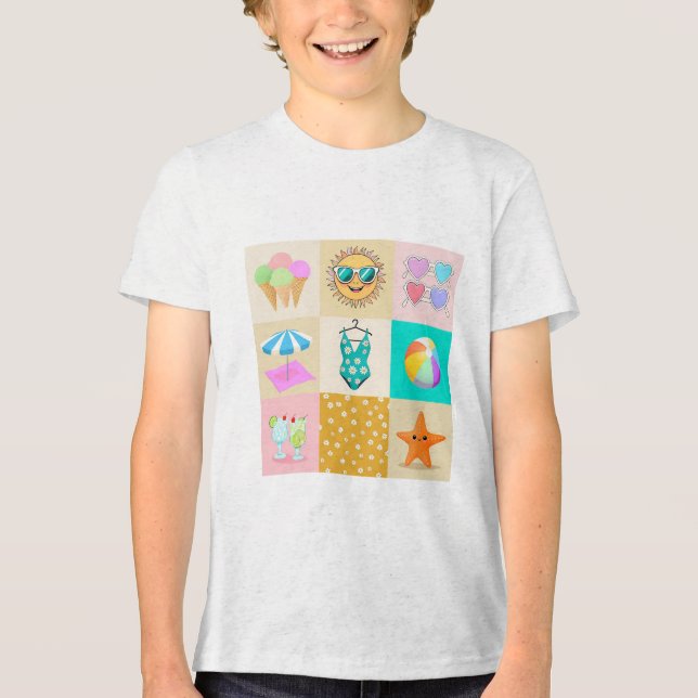 Vibrant Summer-Themed Cartoon 3x3 Grid Pattern Des Tri-Blend Shirt (Front)