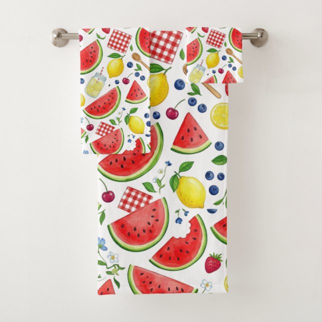 Vibrant Summer Watermelon Picnic Clean Pattern  Bath Towel Set (Insitu)