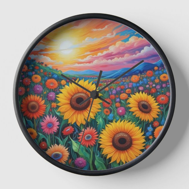 Vibrant Sunflower Field Art Clock (Front)