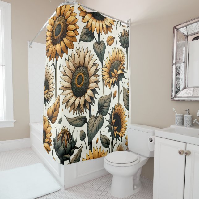 Vibrant Sunflower Pattern Shower Curtain (In Situ)