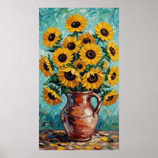 Vibrant Sunflowers Impasto Oil Painting Poster
