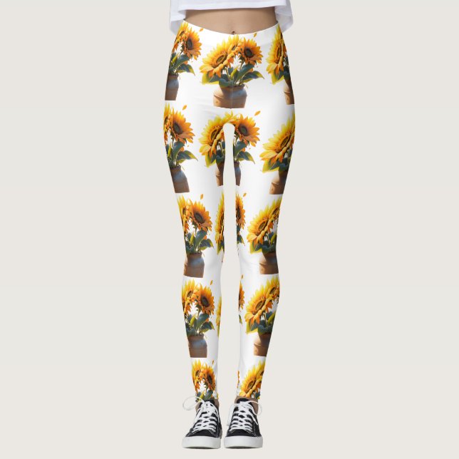 Vibrant Sunflowers in a Rustic Pot Leggings (Front)