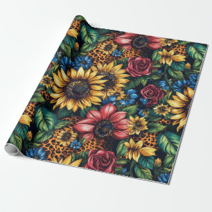 Vibrant Sunflowers, Roses & Leopard Print Glitter Wrapping Paper