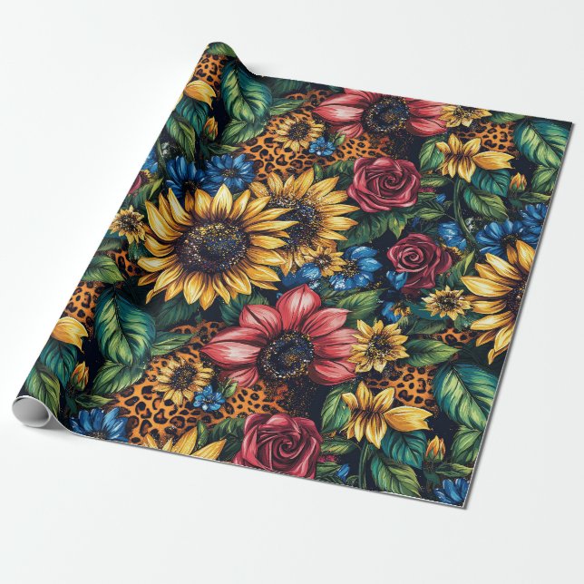 Vibrant Sunflowers, Roses & Leopard Print Glitter Wrapping Paper (Unrolled)