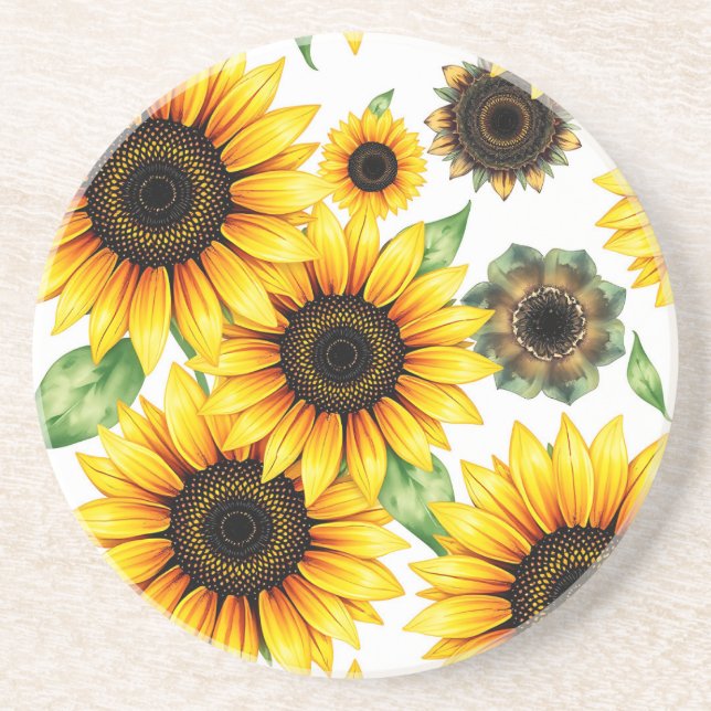 Vibrant Sunflowers Watercolor Pattern Coaster (Front)