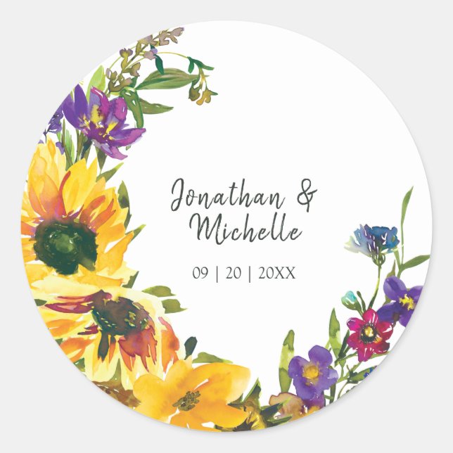 Vibrant Sunflowers Wildflowers Floral Wedding Classic Round Sticker (Front)