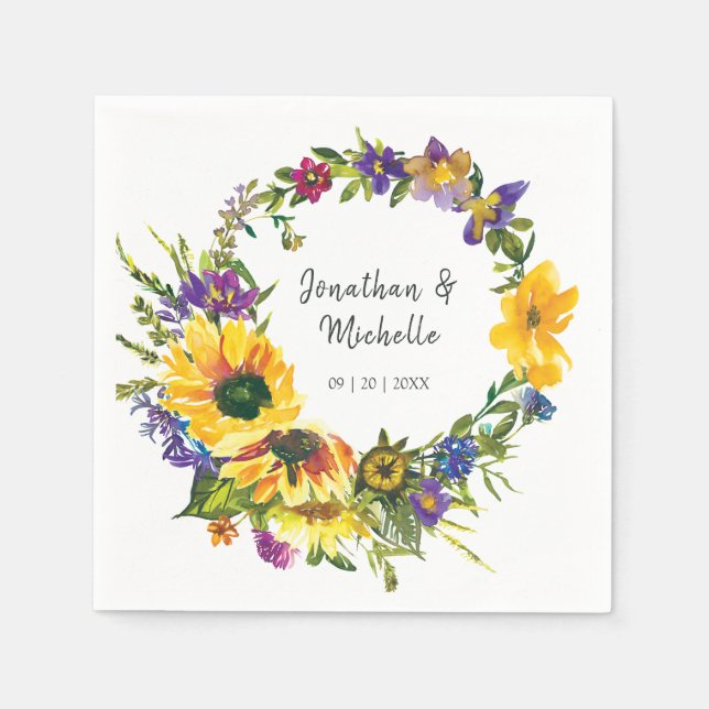 Vibrant Sunflowers Wildflowers Floral Wedding Napkin (Front)