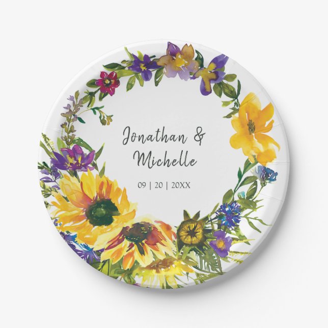 Vibrant Sunflowers Wildflowers Floral Wedding Paper Plate (Front)
