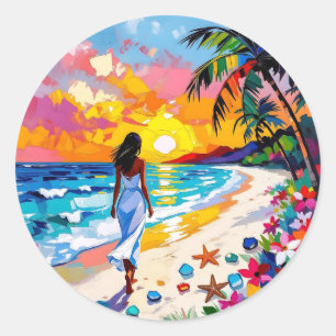 Vibrant Sunset Abstract Beach Scene Classic Round Sticker