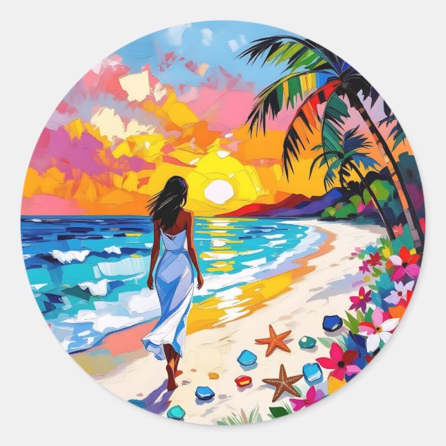 Vibrant Sunset Abstract Beach Scene Classic Round Sticker (Front)