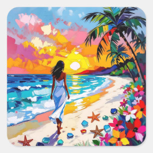 Vibrant Sunset Abstract Beach Scene Square Sticker