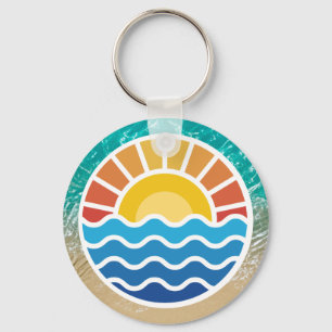 Vibrant Sunset and Blue Waves with Tropical Beach Key Ring