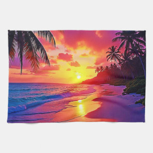 Vibrant Sunset Beach Dream Design Tea Towel