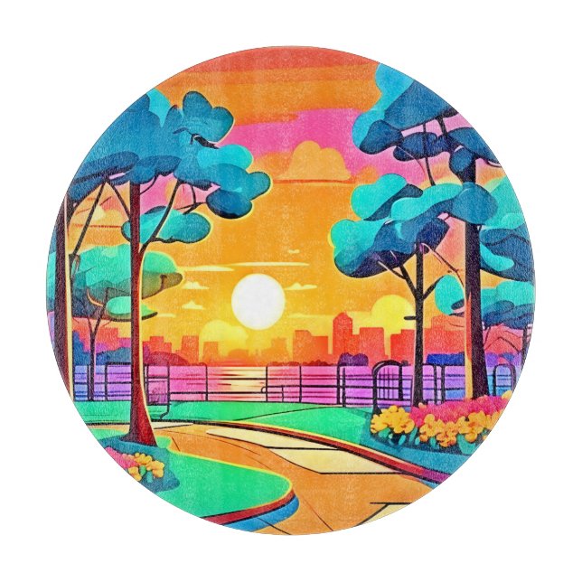 Vibrant Sunset Cityscape Cutting Board (Front)
