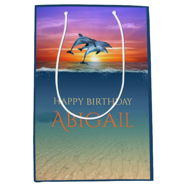 Vibrant Sunset Dolphins Jumping Ocean Birthday Medium Gift Bag (Front)
