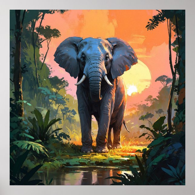 Vibrant Sunset Elephant Wildlife Painting Poster (Front)