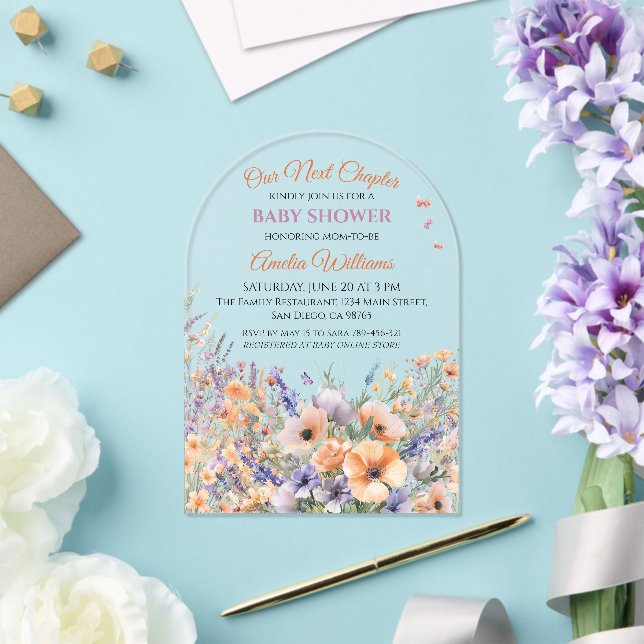 Vibrant Sunset Floral Arch Baby Shower Acrylic Invitations (Insitu (Wedding))