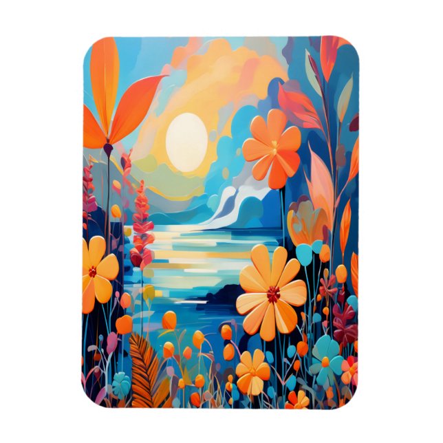 Vibrant Sunset Floral Landscape Nature Art Magnet (Vertical)