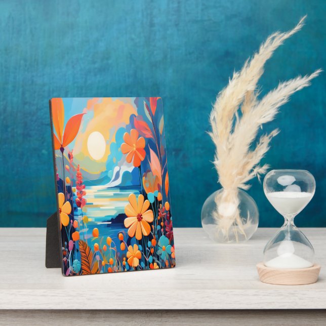 Vibrant Sunset Floral Landscape Nature Art Plaque (Side)
