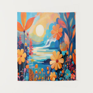 Vibrant Sunset Floral Landscape Nature Art Tapestry