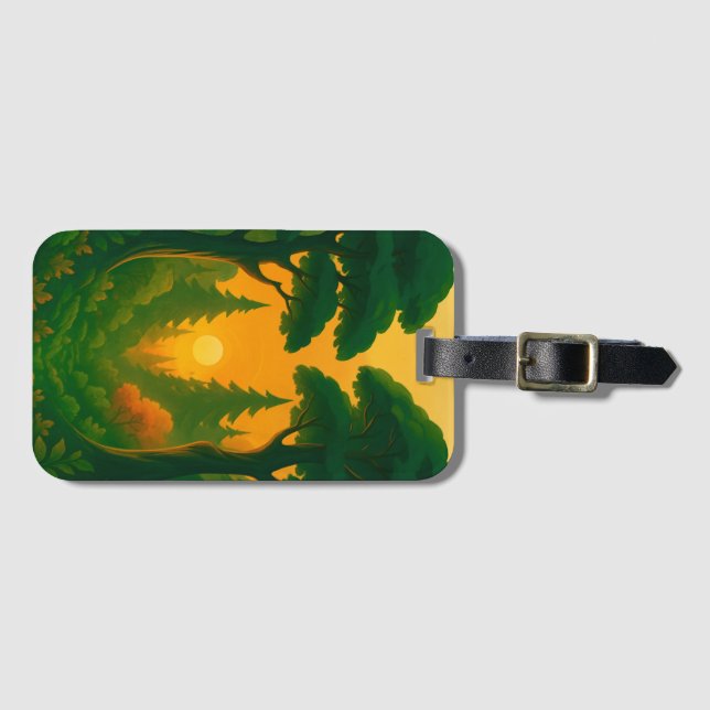 Vibrant Sunset Forest Illustration Luggage Tag (Front Horizontal)