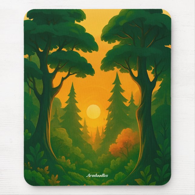 Vibrant Sunset Forest Illustration Mouse Mat (Front)